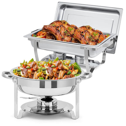 GarveeHome Stainless Steel Chafing Dish Buffet Set of 2, 8 Qt Rectangle & 5 Qt Round Chafers with Food/Water Pans & Fuel Holder, Food Warmer Buffet Set for Parties, Events & Holiday Catering