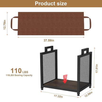 VyGrow Firewood Rack for Indoor, Heavy Duty Fire Wood Racks Holder, 17.32" Metal Wood Storage Log Holder with Leather Carrier, Small Firewood Stand for Fireplace Patio Deck, Black