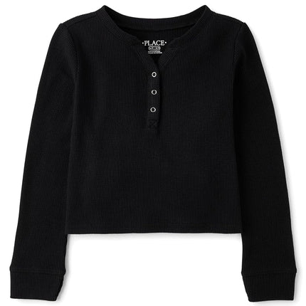 The Children's Place Girls' Basic Long Sleeve Thermal Henley Tops, Black, Small