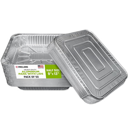 Paclord Aluminum Pans with Lids - 9" x 13" Half Size Foil Pans with Lids, Pack of 50 Pans and 50 Lids, USA-Made Disposable Aluminum Trays for Chafing Racks - Great for Cooking, Heating, Food Storing