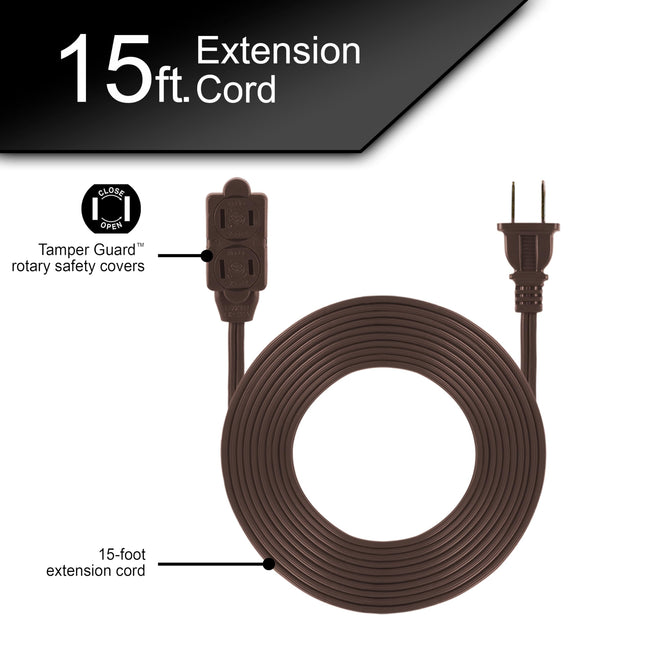 GE 15 Ft Extension Cord, 3 Outlet Power Strip, 2 Prong, 16 Gauge, Twist-to-Close Safety Outlet Covers, Indoor Rated, Perfect for Home, Office or Kitchen, UL Listed, Brown, 51957