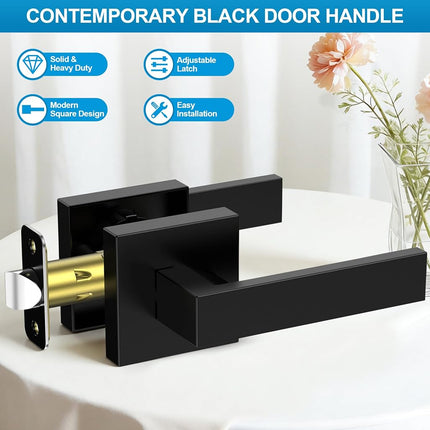 Plustool 1 Pack Matte Black Door Handles, Passage Door Levers for Hallway & Closet, Interior Keyless Door Knobs Heavy Duty Square Non-Locking Handlesets, Reversible for Left & Right Sided Doors