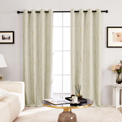 Deconovo Gold Wave Foil Print Blackout Curtains Grommet Light Blocking Room Darkening Curtain Noise Reducing Window Drapes for Living Room 52W x 84L Inch Set of 2 Panels Coral Pink