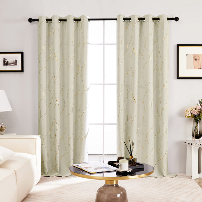 Deconovo Gold Wave Foil Print Blackout Curtains, 52W x 84L Inch, Navy Blue, 1 Pair, Grommet Light Blocking Room Darkening Curtain, Noise Reducing Window Drapes for Living Room Bedroom