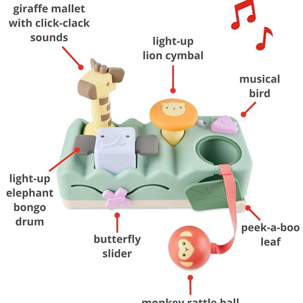 Skip Hop Tummy Time & Sitting Play Cause and Effect Musical Development Child Toy with 12 Animal Sounds, Lights, Music and 6 Activities, Geometric Wonders 2 in 1 Striking Bank