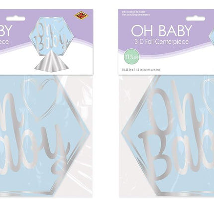 Beistle 3-D Boy Oh Baby Shower Centerpieces, 11.5" x 10.25", Set of 2 - Gender Reveal Blue & Silver Foil Table Decorations