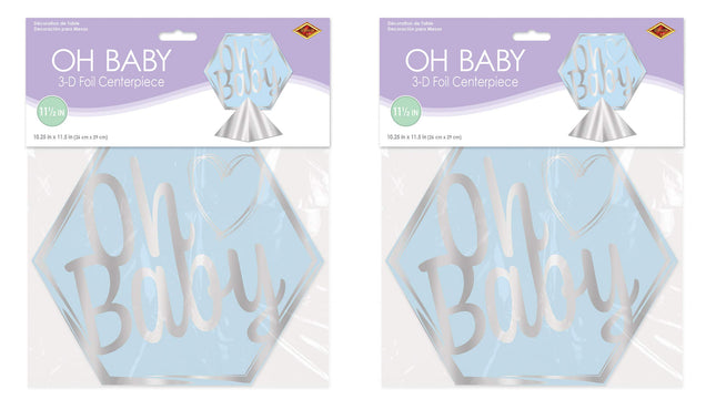 Beistle 3-D Boy Oh Baby Shower Centerpieces, 11.5" x 10.25", Set of 2 - Gender Reveal Blue & Silver Foil Table Decorations