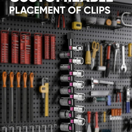 ALOANES 9pc ABS Socket Organizer Set, 1/2, 3/8 & 1/4 inch Drive Rail Holders, Heavy Duty Racks with Black Rails & Pink Clips