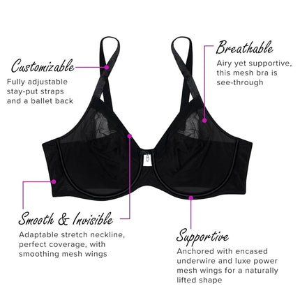 Curvy Couture Women's Sheer Unlined Underwire Plunge Bra, Deep Dive Blue, 38C