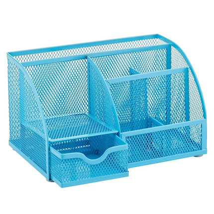 Annova Mesh Desk Organizer Office with 7 Compartments + Drawer/Desk Tidy Candy/Pen Holder/Multifunctional Organizer (Blue)