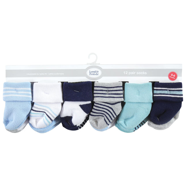 Luvable Friends Baby Girls Unisex Newborn Terry Socks, Mint Navy Stripes 12-Pack, 0-6 Months, (Pack of 12)