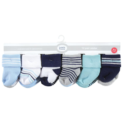 Luvable Friends Baby Girls Unisex Newborn Terry Socks, Mint Navy Stripes 12-Pack, 6-12 Months, (Pack of 12)