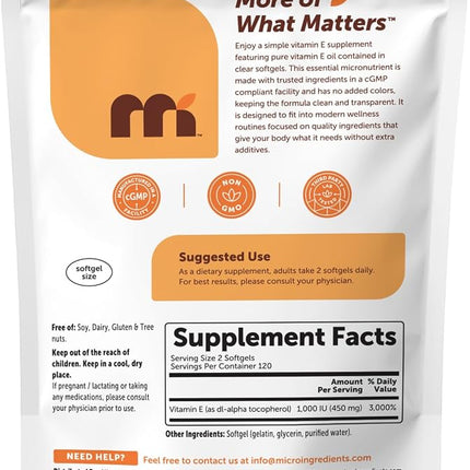 Micro Ingredients Vitamin E Oil Soft-gels,1200IU, 240 Counts, Promote Skin, Antioxidant & Immune Function, Non-GMO