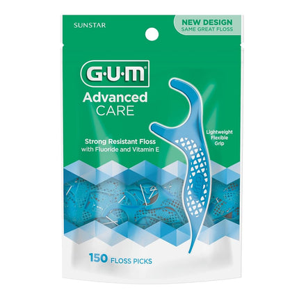 GUM - 888JC Hilo Dental con Mango Advanced Care, Menta Fresca, Vitamina E y Flúor, 150 Unidades (Paquete de 4)