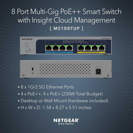 NETGEAR 8-Port Ultra60 PoE Multi-Gigabit Ethernet Smart Switch (MS108TUP) - Managed, with 4 x PoE++ and 4 x PoE+ @ 230W, Optional Insight Cloud Management, Desktop or Rack Mount