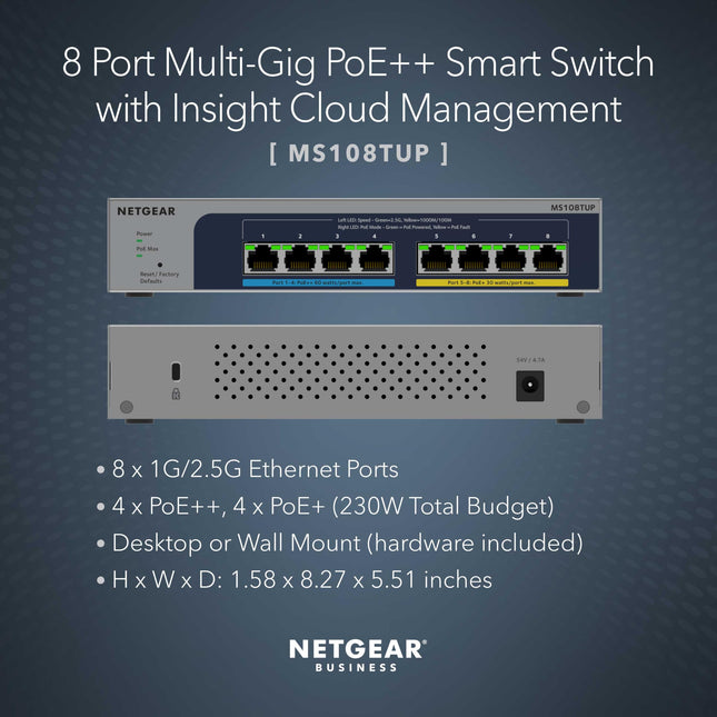 NETGEAR 8-Port Ultra60 PoE Multi-Gigabit Ethernet Smart Switch (MS108TUP) - Managed, with 4 x PoE++ and 4 x PoE+ @ 230W, Optional Insight Cloud Management, Desktop or Rack Mount
