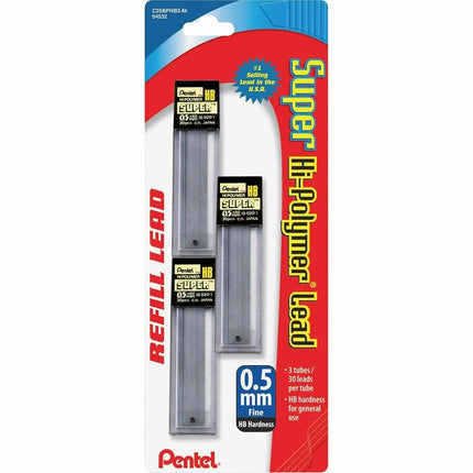 Pentel C25BPHB3K6 Super Hi-Polymer Lead Refills, 0.5mm, HB, Black, 30/Tube, 3 Tubes/Pack