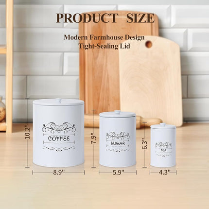 ChicHabitat – Lot de 3 boîtes de cuisine, contenants alimentaires pour comptoir, grands contenants hermétiques pour café, sucre, thé avec couvercles, décor de ferme blanc