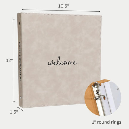 Paper 'n Such Welcome Binder for Short Term Rentals – Grey Faux Leather 3 Ring Folder for Airbnb, Vacation Home, House Manual & Guest Information - Letter Size