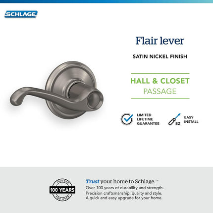 SCHLAGE F10FLA619 Flair Passage Lever, Satin Nickel, Hall/Closet