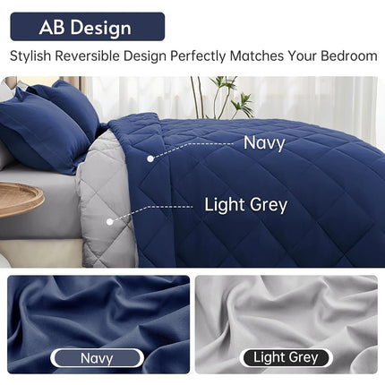 MUXHOMO 7 Pieces Queen Comforter Set, Reversible Bed in a Bag Queen Size, All Season Bedding Set with Comforter, Flat Sheet, Fitted Sheet, Pillowcases & Shams, Navy & Light Grey