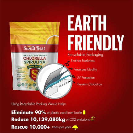 Spirulina Chlorella Cracked Cell Wall Super 50-50 Super-Pack 500 Tablets - Raw Organic Gluten-Free Non-GMO Green Superfood. High Protein, Chlorophyll & nucleic acids. No preservatives, No fillers