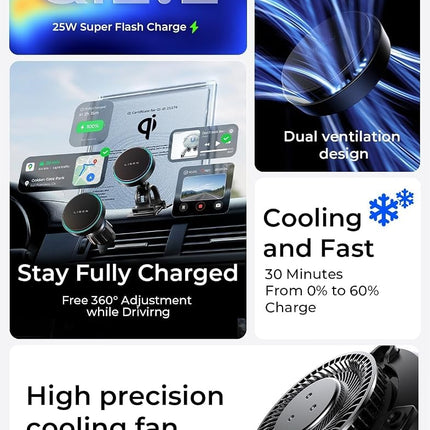 LISEN for Qi2.2 25W MagSafe Car Charger Mount with Cooling Fan＆95W Adapter