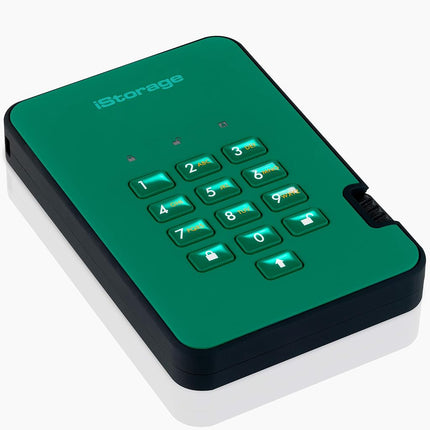iStorage diskAshur2 HDD 3TB Green - Secure portable hard drive - Password protected - Dust & water resistant - Hardware Encryption