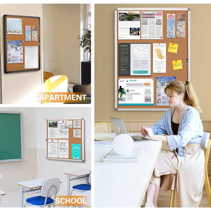 SWANCROWN Cork Board 50 x 36 cm Lockable Notice Board with Aluminum Frame