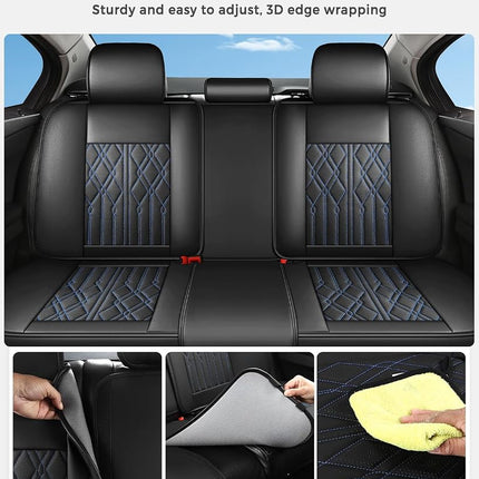 Huidasource Leather Back Row Seat Covers, Waterproof Rear Split Bench Car Seat Covers, Vehicle Seat Cushion Cover Protector Universal Fit for Most Cars Sedan SUV Pickup Truck(Back Row/Black&Blue)