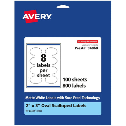 Étiquettes festonnées ovales Avery blanc mat avec Sure Feed, 5,1 x 7,6 cm, 800 étiquettes imprimables blanc mat