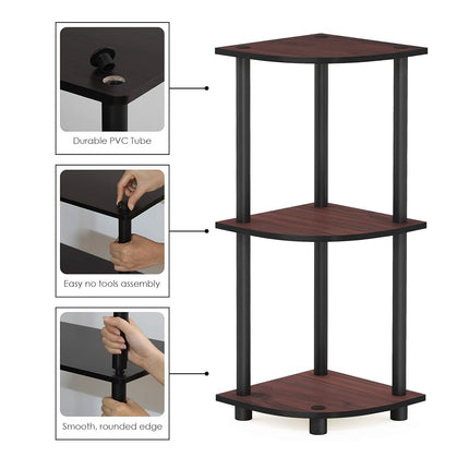 Furinno TURN-N-TUBE Corner Shelf, 3-Tier Corner Bookshelf, Display Storage Shelves with Open Shelves, for Organization and Storage, Living Room, Home Office, Garage, Dark Cherry