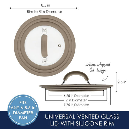 Rachael Ray Cook + Create Universal Silicone-Rimmed Glass Lid, 8.5 Inch, Taupe