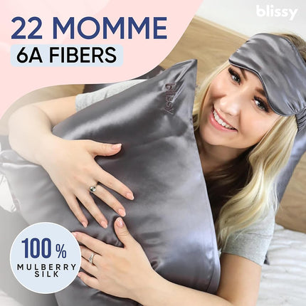 Funda de almohada de seda BLISSY - 100% seda de morera pura - Fibras de alta calidad 6A de 22 Momme - Funda de almohada de satén para cabello y piel - Regular, Queen y King con cremallera oculta, gris
