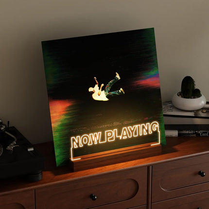 COOLGIFT MART Now Playing Vinyl Record Stand, Light up Record Holder, Wooden Acrylic Display with Warm White Lights for Albums, Room Decor, Perfect Gift for Vinyl Lovers
