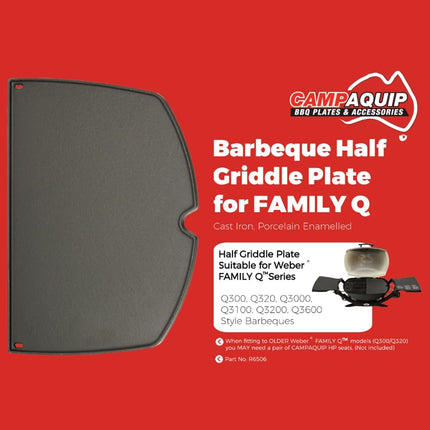 CAMPAQUIP Cast Iron Half Griddle Plate | Fits Weber Family Q Series | Q300 | Q320 | Q3000 | Q3100 | Q3200 | Q3600 | Matt Porcelain Enamel | Flat BBQ Pan | NOT for N Series