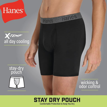 Hanes Men's Stay Dry Pouch, Performance Stretch Boxer Brief with Leak Protection, 3-Pack, Black, XXL
