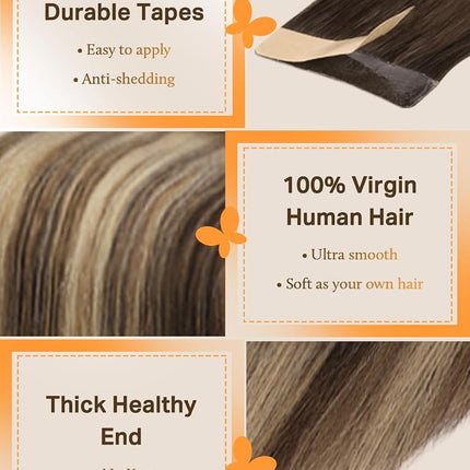 DOORES Tape Hair Extensions Human Hair Balayage Chocolate Brown to Honey Blonde 55cm 20pcs 50g Straight Remy Natural Hair Extensions Tape in Real Hair