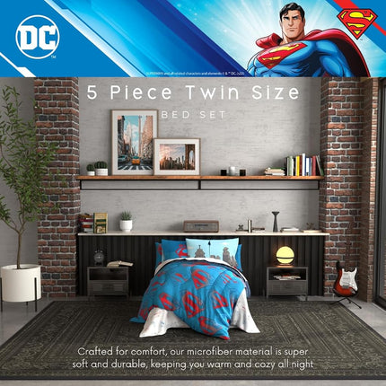 Franco Comforter and Sheet Set with Sham, Microfiber, Superman, 5 Piece Twin Size