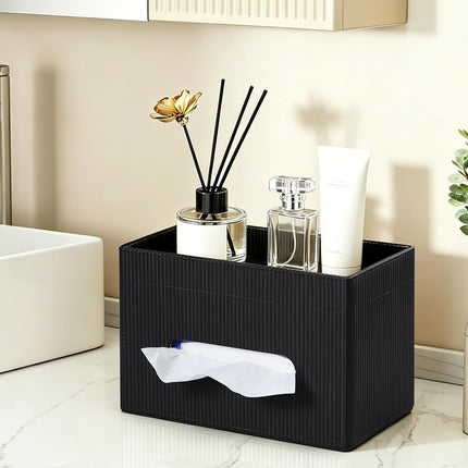 Cretkhp Rectangular Tissue Box Cover with Storage Tray, PU Leather Tissue Box Holder for Bathroom Vanity Countertop Night Stands Bedroom Office Desk, Stylish Tissue Holder Decorative Organizer (Black)