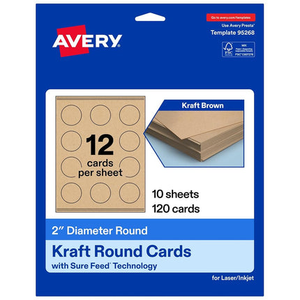 Avery Printable Round Business Cards with Sure Feed Technology, 2" Diameter, Kraft Brown Cardstock, Print-to-the-Edge, Laser/Inkjet Cards, 120 Total