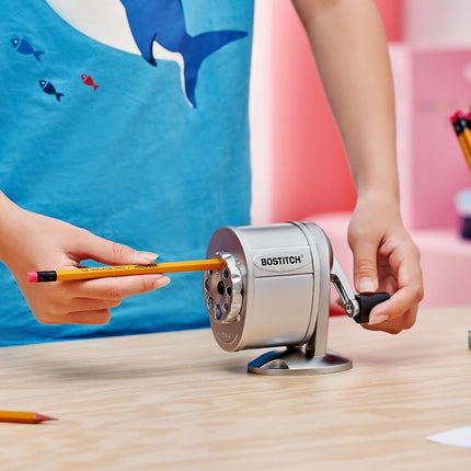 Bostitch Office Wall Mount Manual Pencil Sharpener, Tip Saver, 8 Hole Dial, 6X Longer Cutter Life, Vertical or Horizontal Mounting, Silver