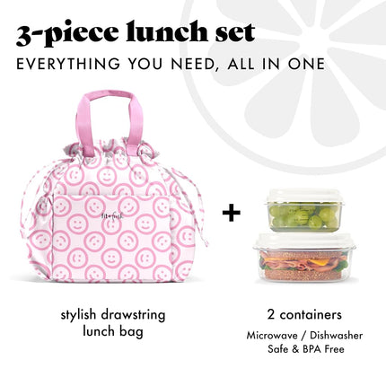 Fit & Fresh Cromwell Drawstring Lunch Bag for Women, Complete Lunch Set with 2 Containers, Stain-Resistant, Leak-Resistant, Back to School Essential, Teacher Lunchbox, All Smiles Pink