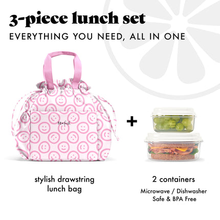 Fit & Fresh Cromwell Drawstring Lunch Bag for Women, Complete Lunch Set with 2 Containers, Stain-Resistant, Leak-Resistant, Back to School Essential, Teacher Lunchbox, All Smiles Pink