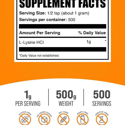 BulkSupplements.com L-Lysine Powder - as L-Lysine HCl, Lysine Supplement, L-Lysine 1000mg - for Immune Support - Gluten Free, 1000mg per Serving, 500g (1.1 lbs) (Pack of 1)