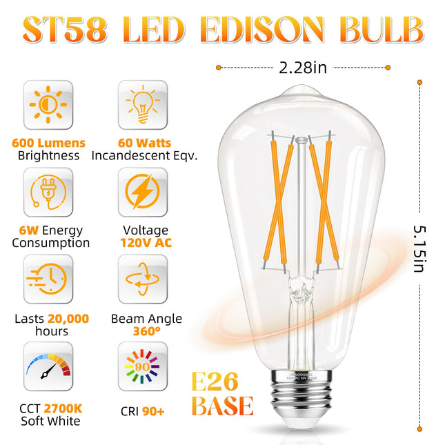 GvvooHome LED Edison Bulbs, E26 Bulb 60 watt Equivalent, Non-Dimmable, Soft White 2700K, ST58 Vintage Light Bulbs, 90+ CRI, 6W 600LM, E26 Medium Base, Clear Glass, 6 Pack