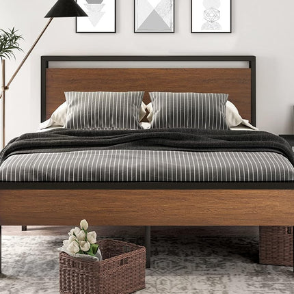 SHA CERLIN 14 Inch Full Size Metal Platform Bed Frame with Wooden Headboard and Footboard, Mattress Foundation, No Box Spring Needed, Large Under Bed Storage, Non-Slip Without Noise, Walnut