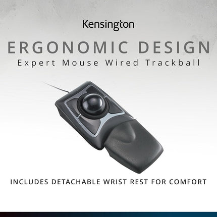 Ratón trackball ergonómico Kensington Expert Mouse con cable para PC, Mac y Windows, con anillo de desplazamiento, diseño ambidiestro y seguimiento óptico - Gris (64325)