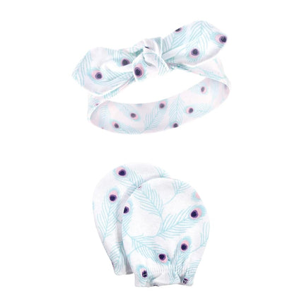 Hudson Baby Baby Girls' Cotton Headband and Scratch Mitten Set, Peacock, 0-6 Month