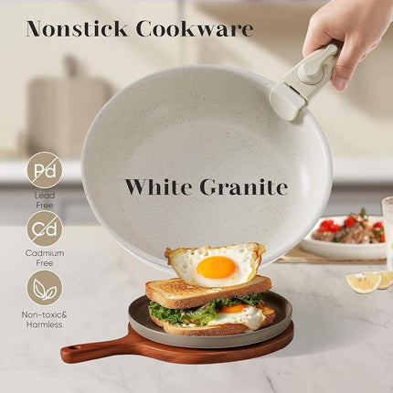 Juego de ollas y sartenes antiadherente, juego de utensilios de cocina de 12 piezas para cocinar, juego de cocina con sartenes antiadherentes con tapa y mango desmontable, beige